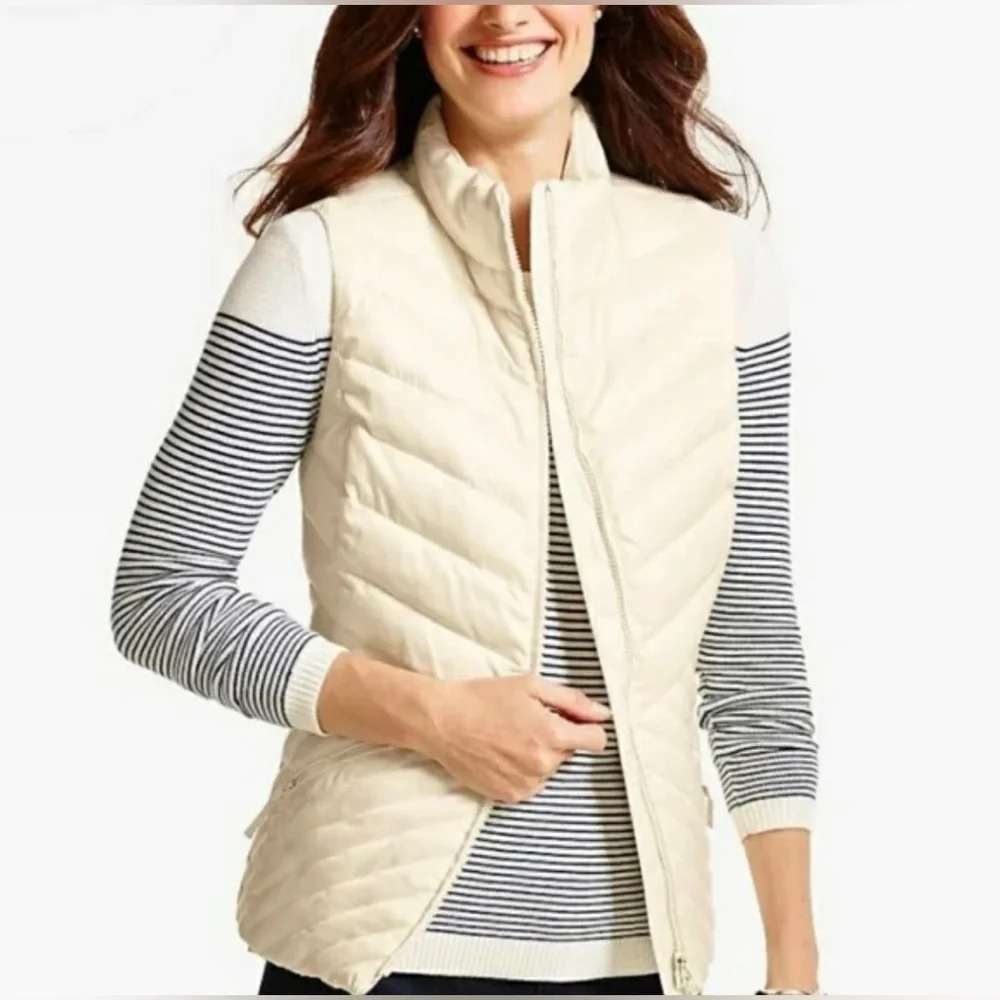 Talbot’s Women’s Chevron Style Puffer Vest Warm Down Fill Creme’ Color Size M